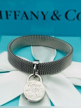 Tiffany & Co. Retired Silver Notes Round Charm Stainless Steel Stretch Bracelet